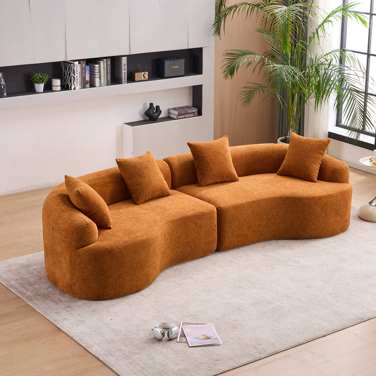 Orange Chenille Modular Sectional Couch, No Assembly, 110 in Wide