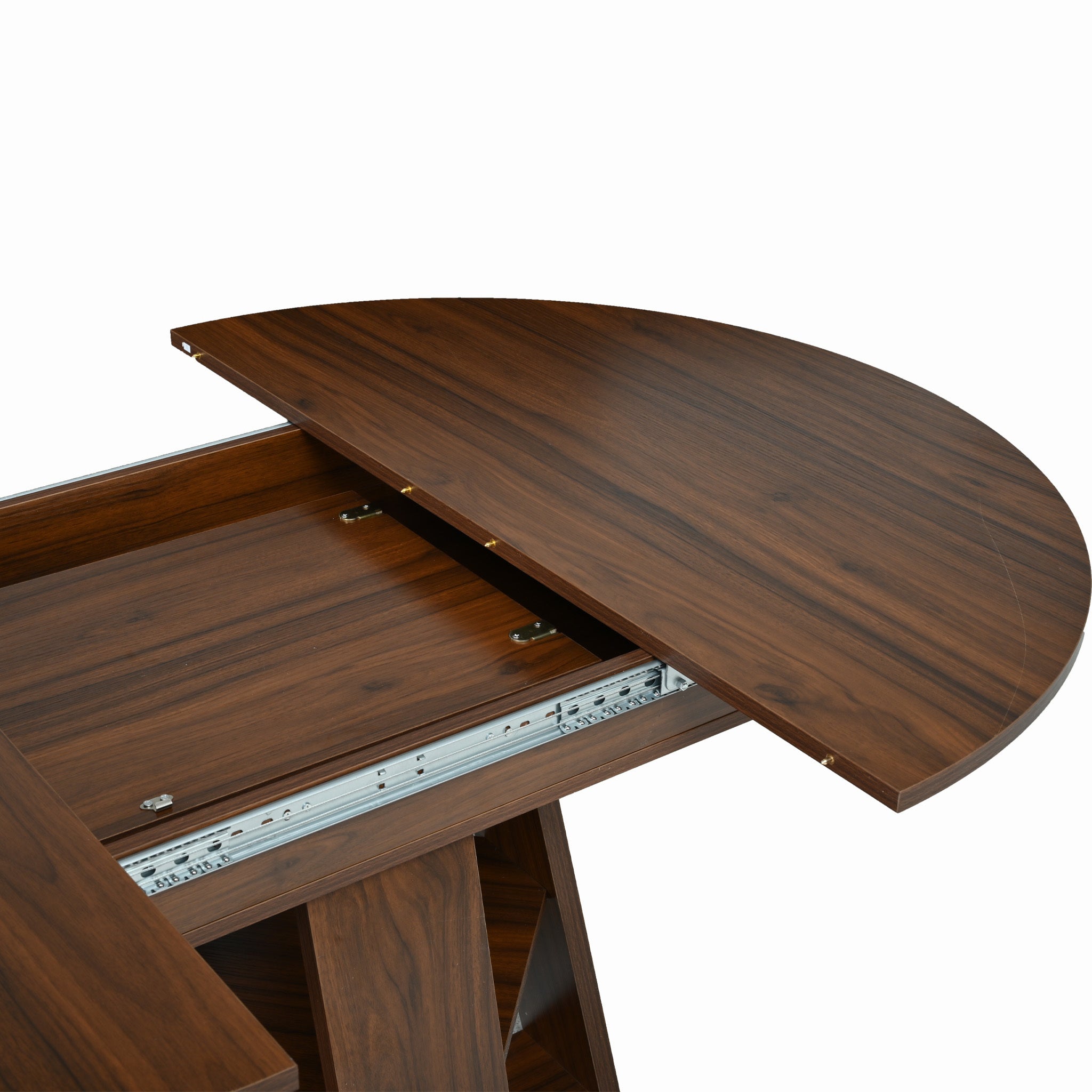 Close-up of the metal slide extension rail and lock under the tabletop