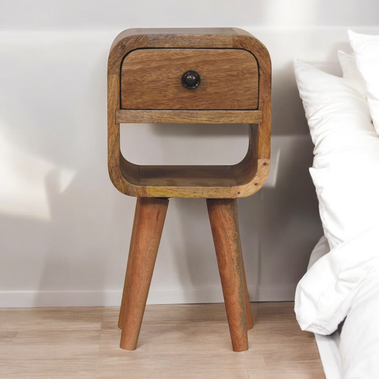 Narrow Nightstand with Nordic Legs, Solid Mango Wood, Oak Finish