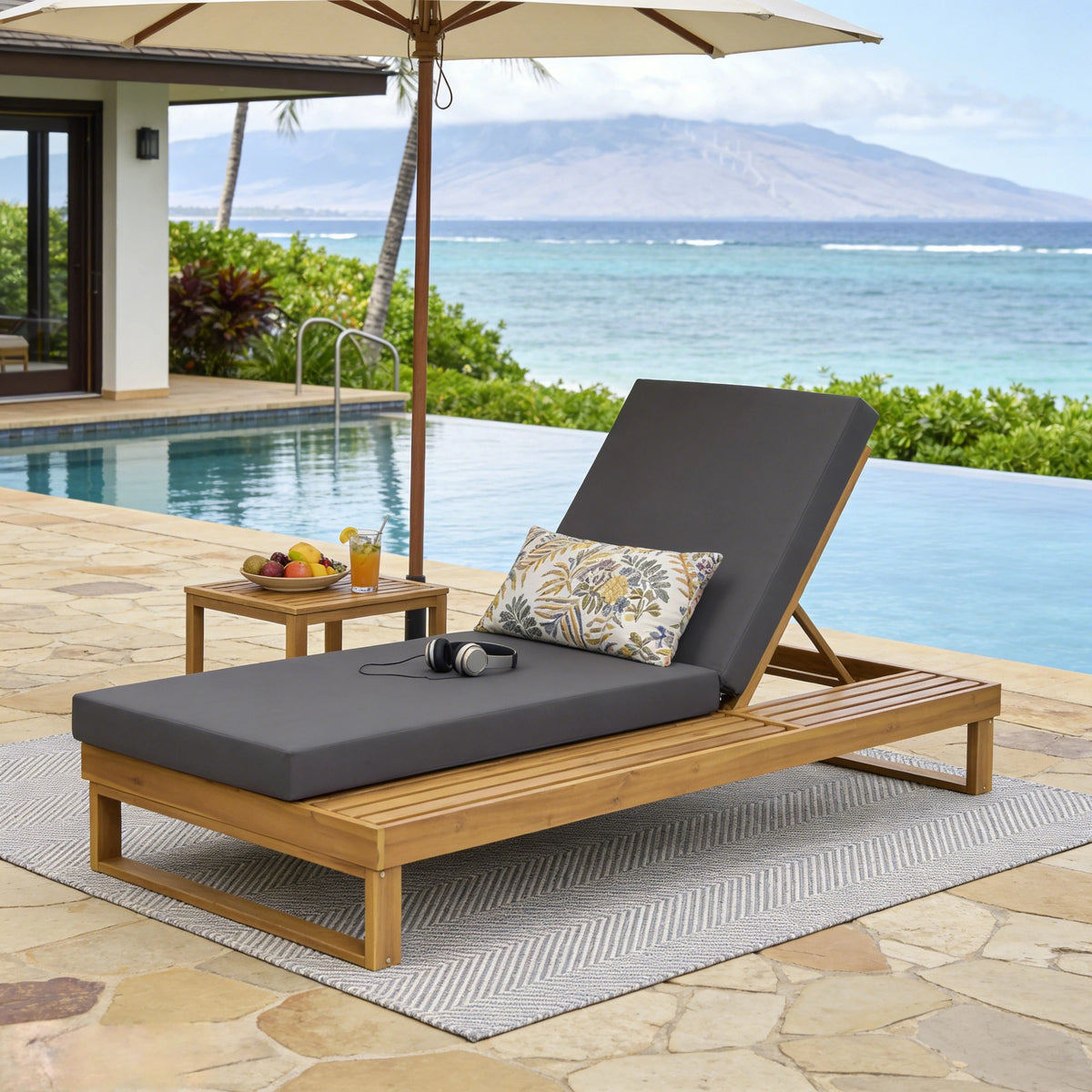 Teak Finish Solid Wood Outdoor Chaise Lounge, Dark Gray Cushion, 2-Fold Cushion