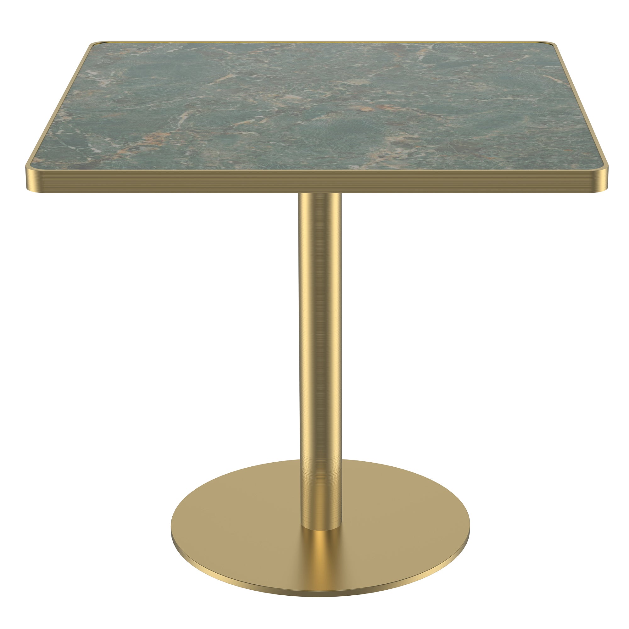 Green sintered stone square table with gold edge band, angled studio view on white