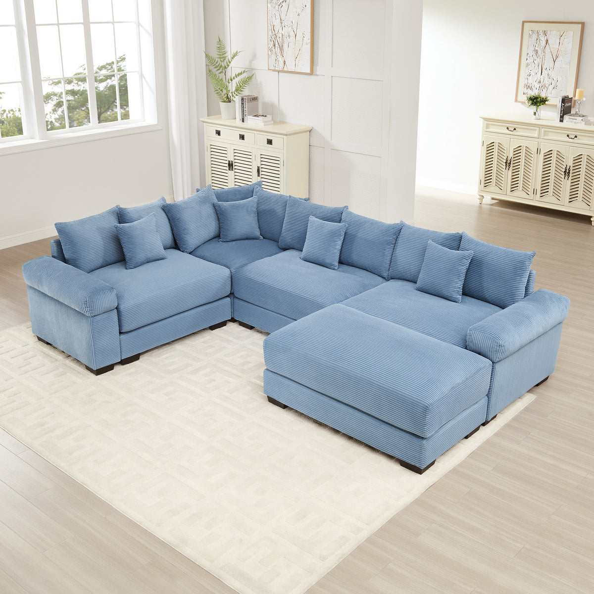 Blue Corduroy Modular Sectional with Ottoman, 4-Seat