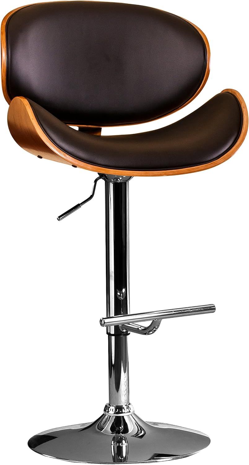 Bar Stool, Adjustable Swivel in Black Vegan Leather and Walnut