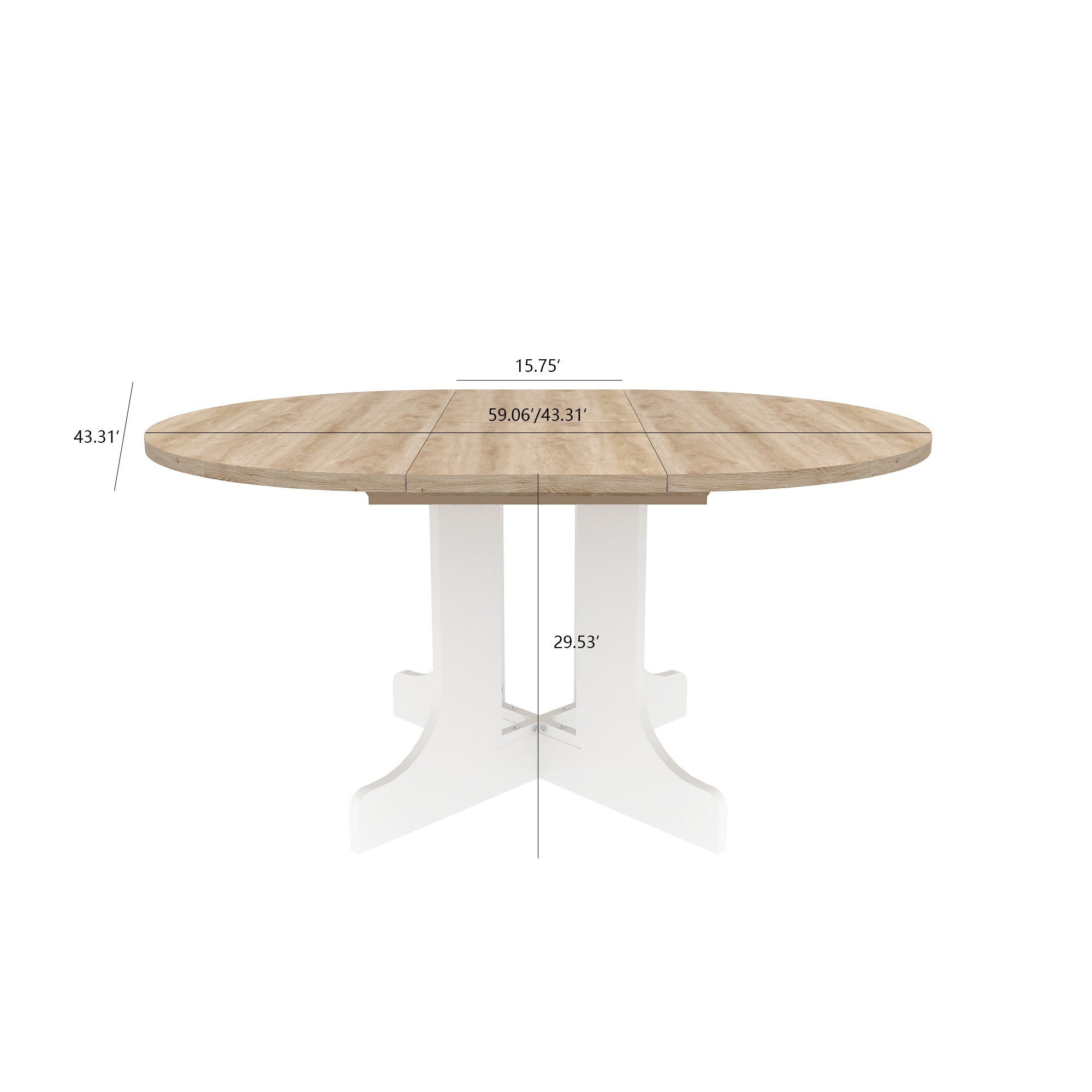 Dimension diagram showing the table 43.31 inches wide, extending to 59.06 inches, 29.53 inches tall