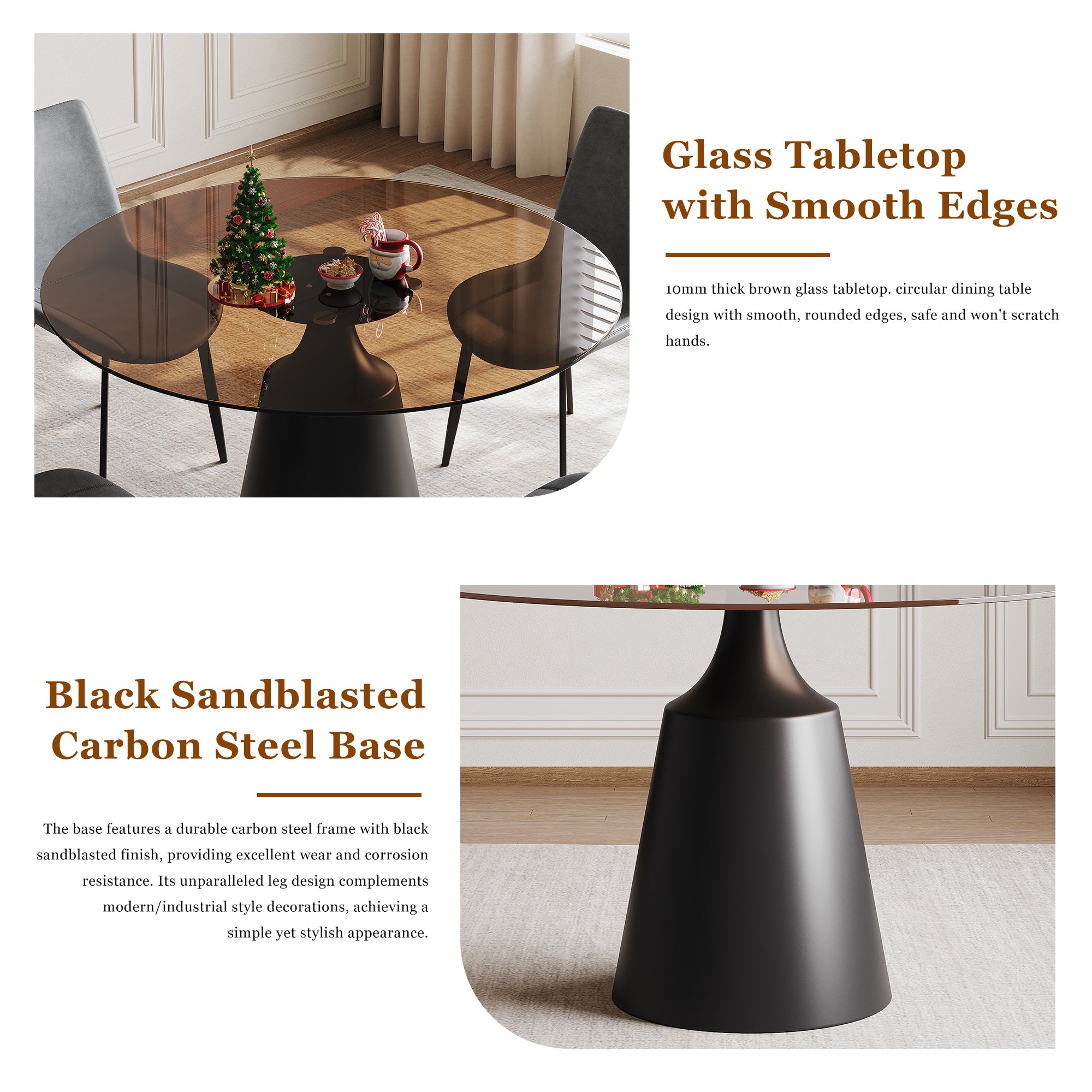 Feature graphic showing the smooth-edged brown glass tabletop and black sandblasted carbon steel base