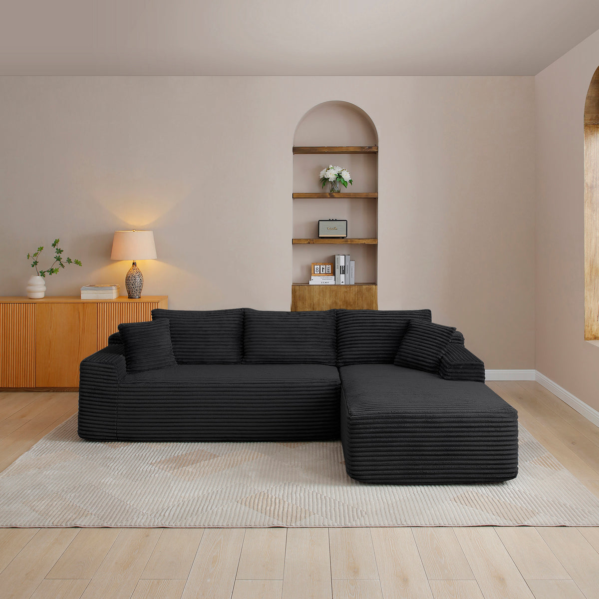 Black Corduroy L-Shaped Modular Sectional, 105 in Wide, Right-Facing