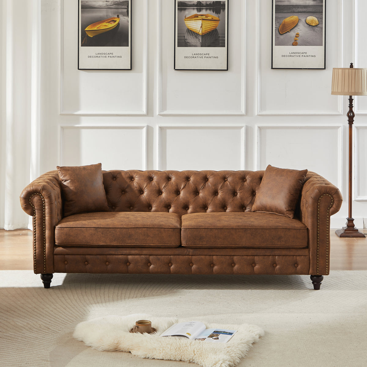 Brown 3-Seat Chesterfield Sofa, 85.5 in Wide