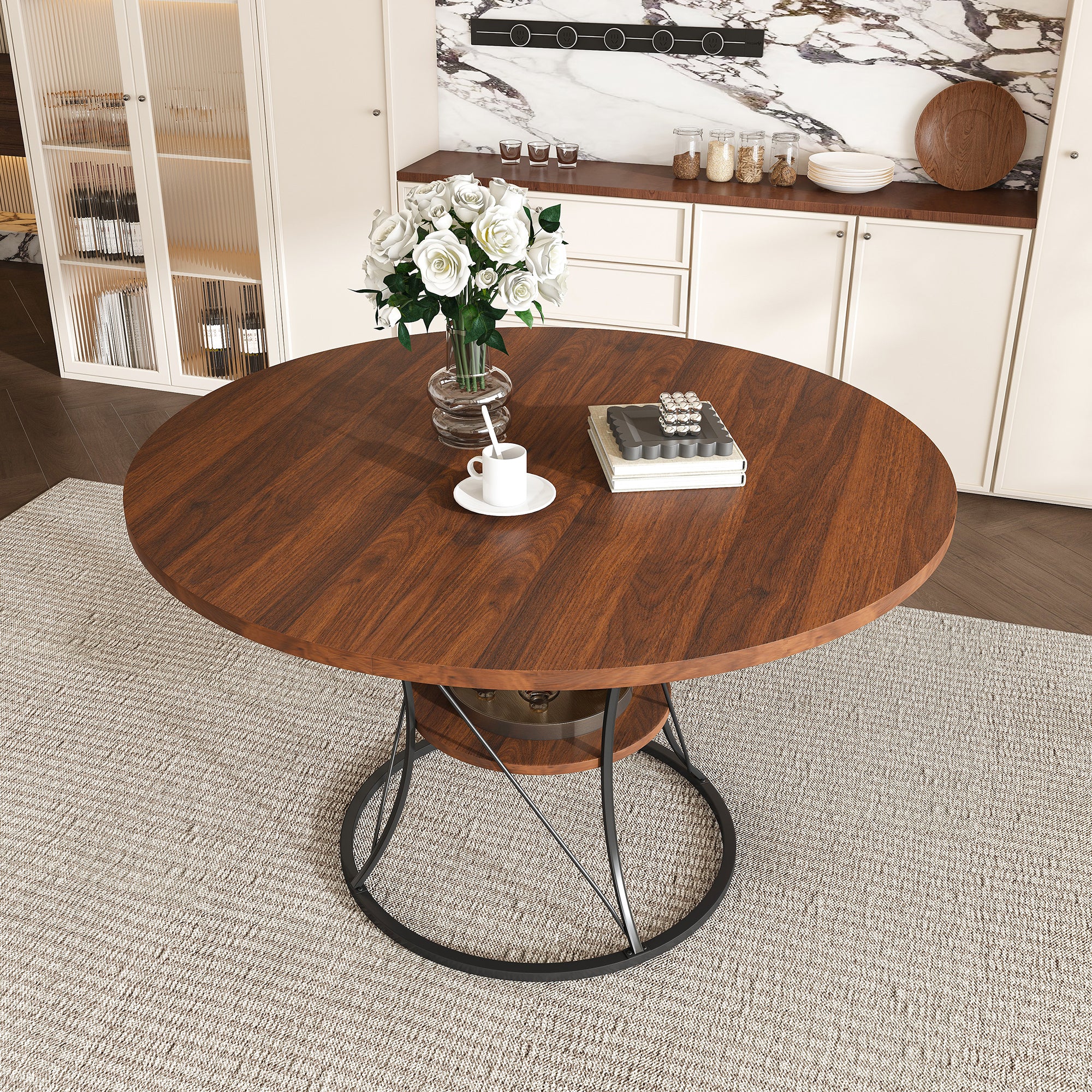 Walnut extendable round dining table in round mode with roses in a kitchen, three-quarter view