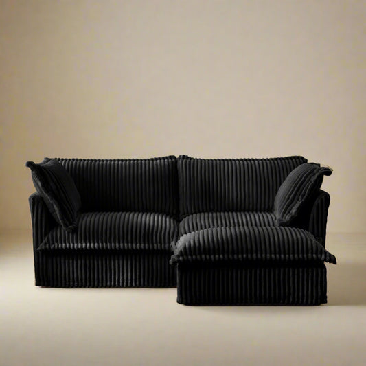 Fluffy 2-Seat Corduroy Sofa – Black with Ottoman, Washable