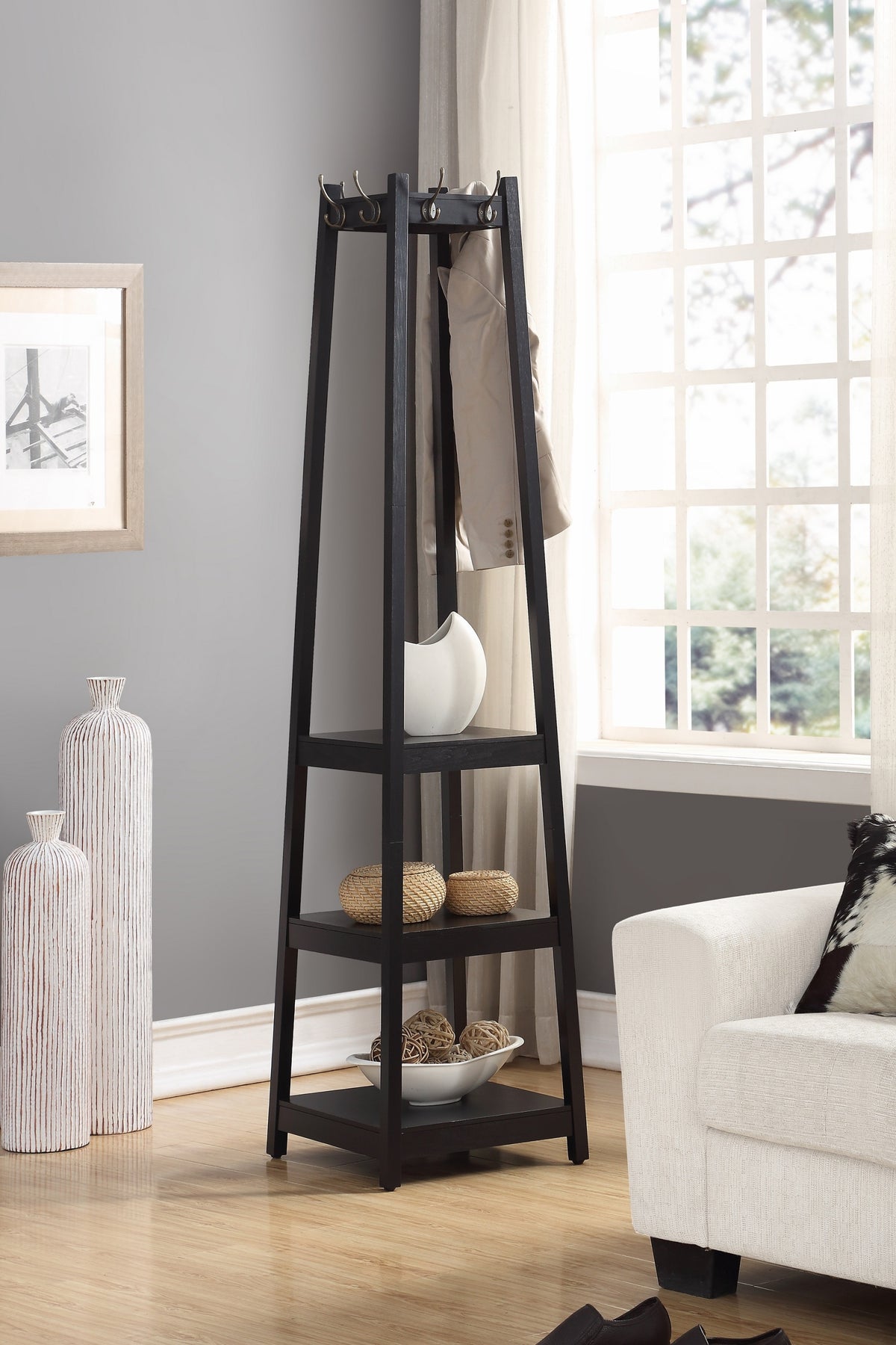 Black Coat Rack with Shelves