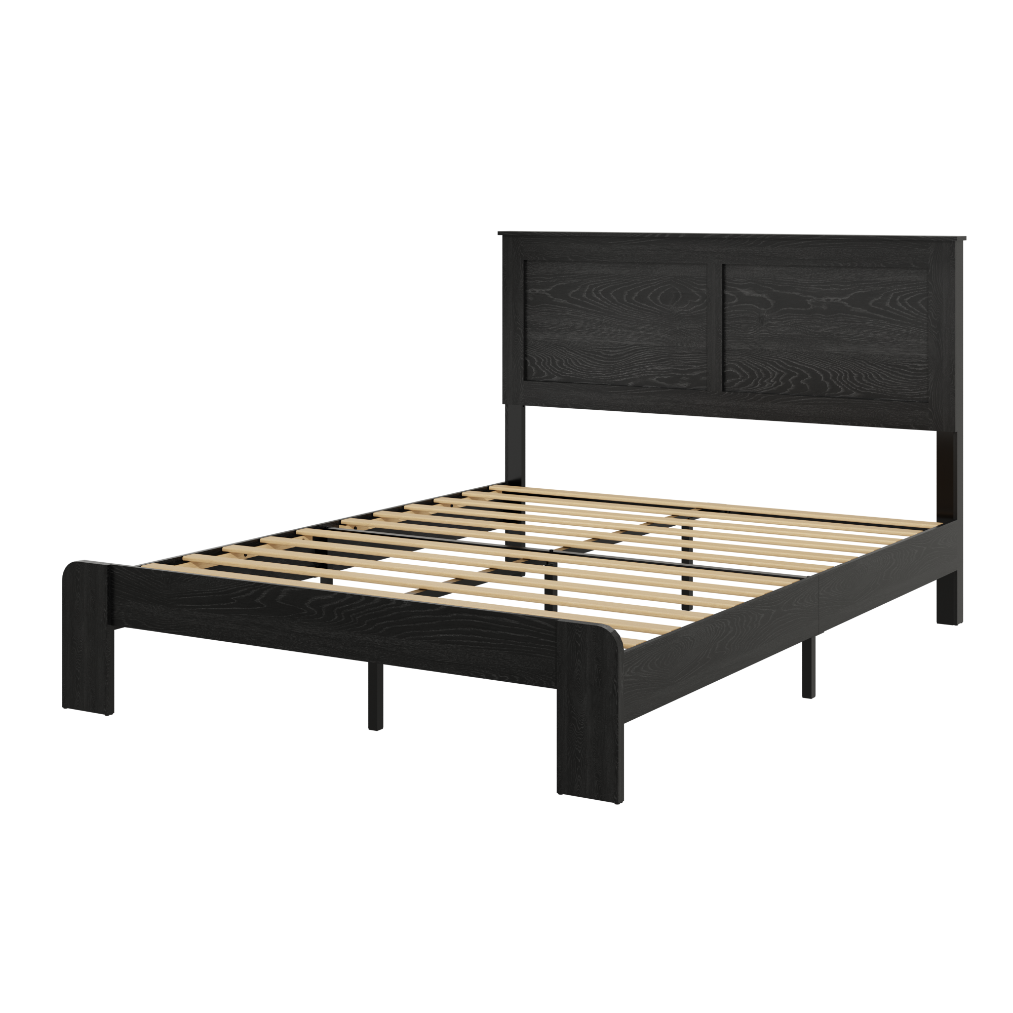 Studio angle of the bare antique black metal bed frame queen with hardwood slats and a panel headboard