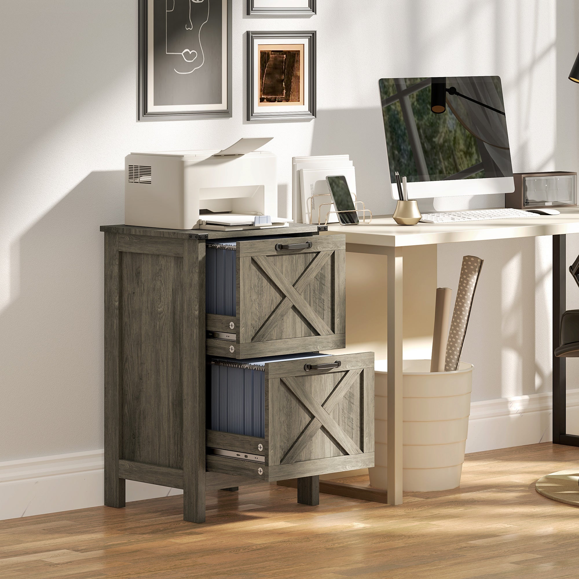 Farmhouse File Cabinet with Drawers, 18.1 in, Grey, 29.5 in Tall