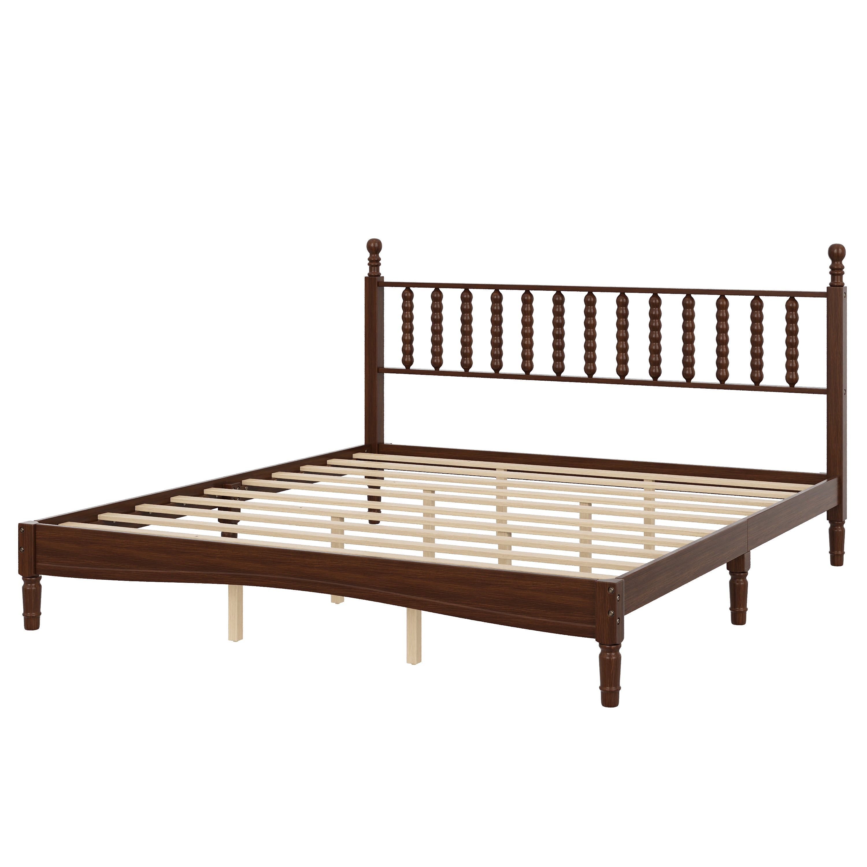 Side profile of walnut king bed frame showing slat support and leg height