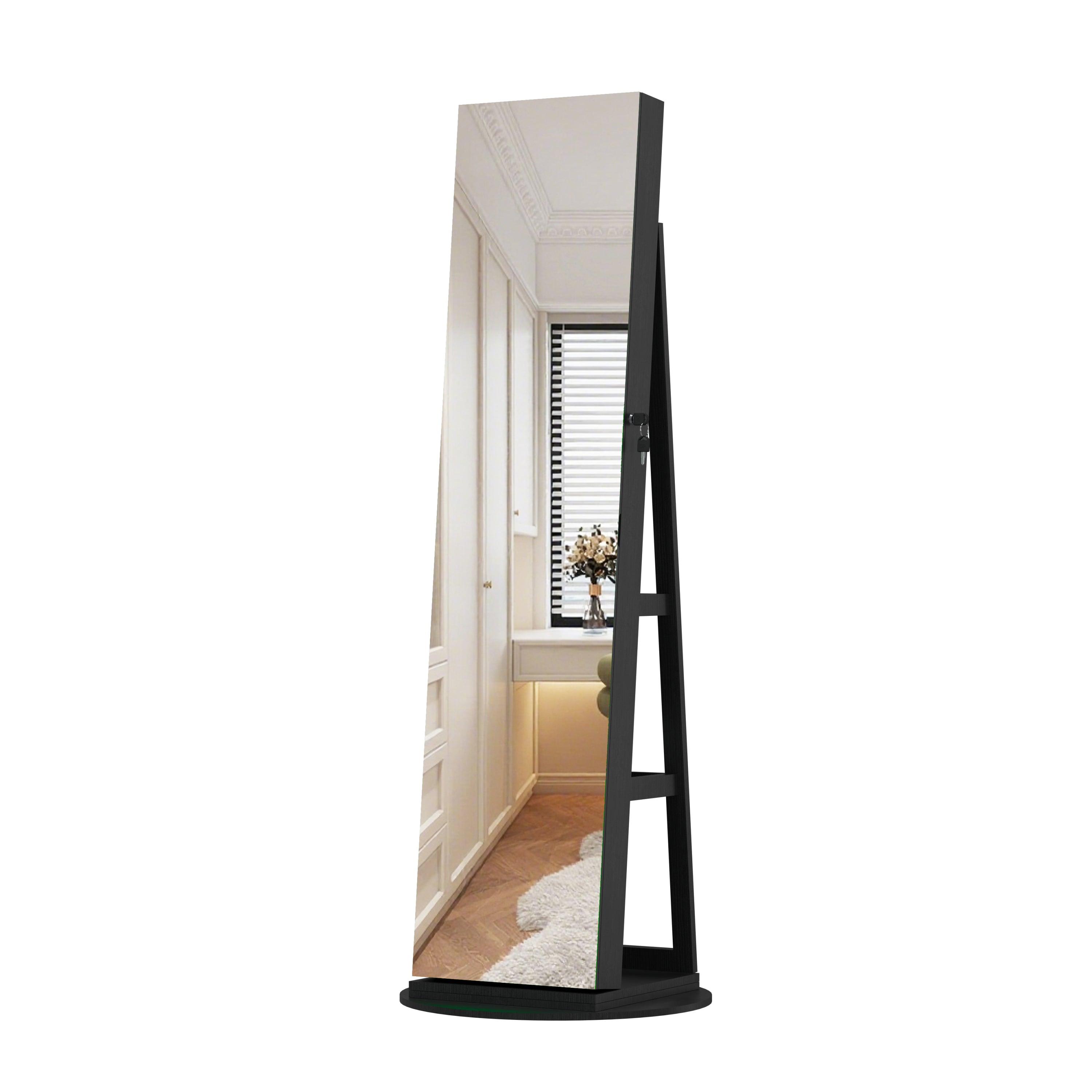 360-Degree Swivel Jewelry Cabinet with Full-Length Mirror, Black