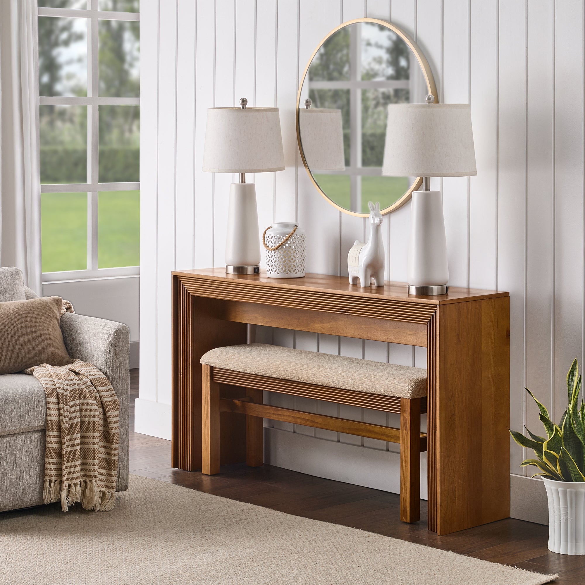 Fluted Breakfast Table and Bench Set for 2, Pine, Brown