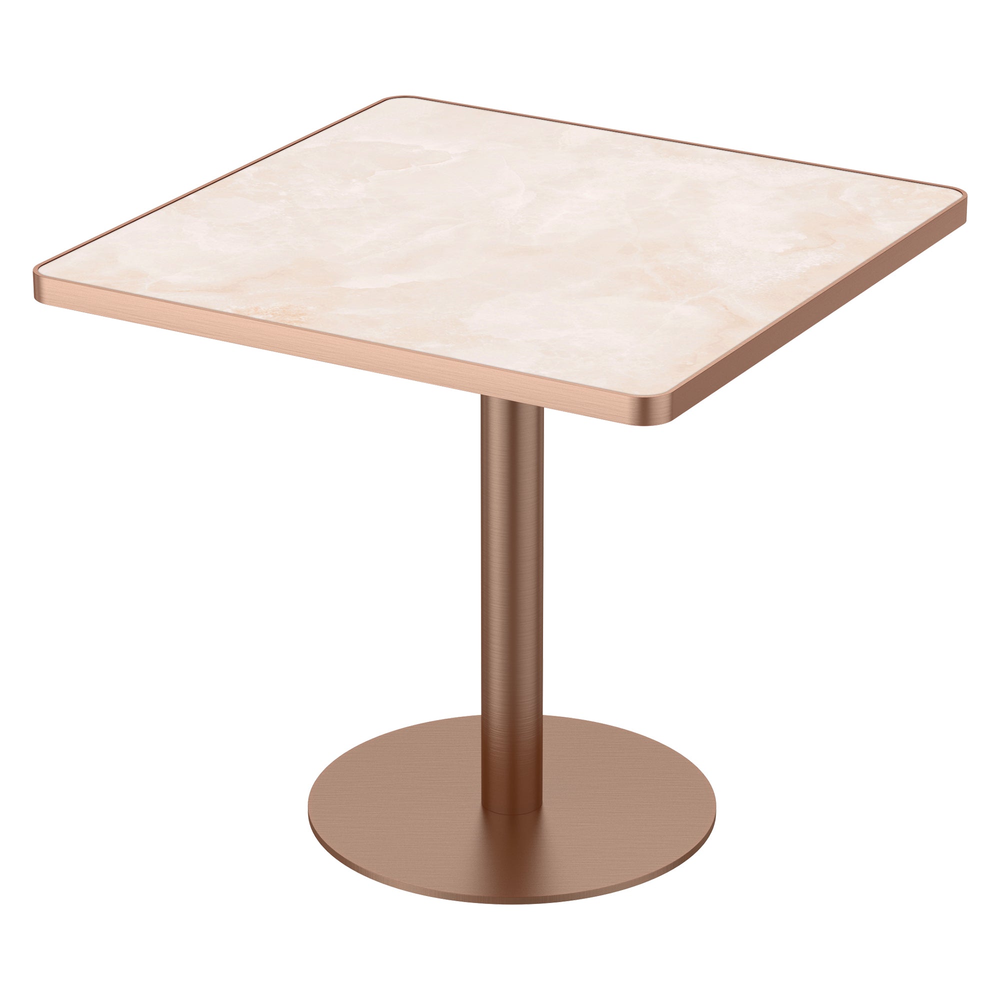 Pink onyx-look sintered stone square dining table, three-quarter view, rose gold base, studio