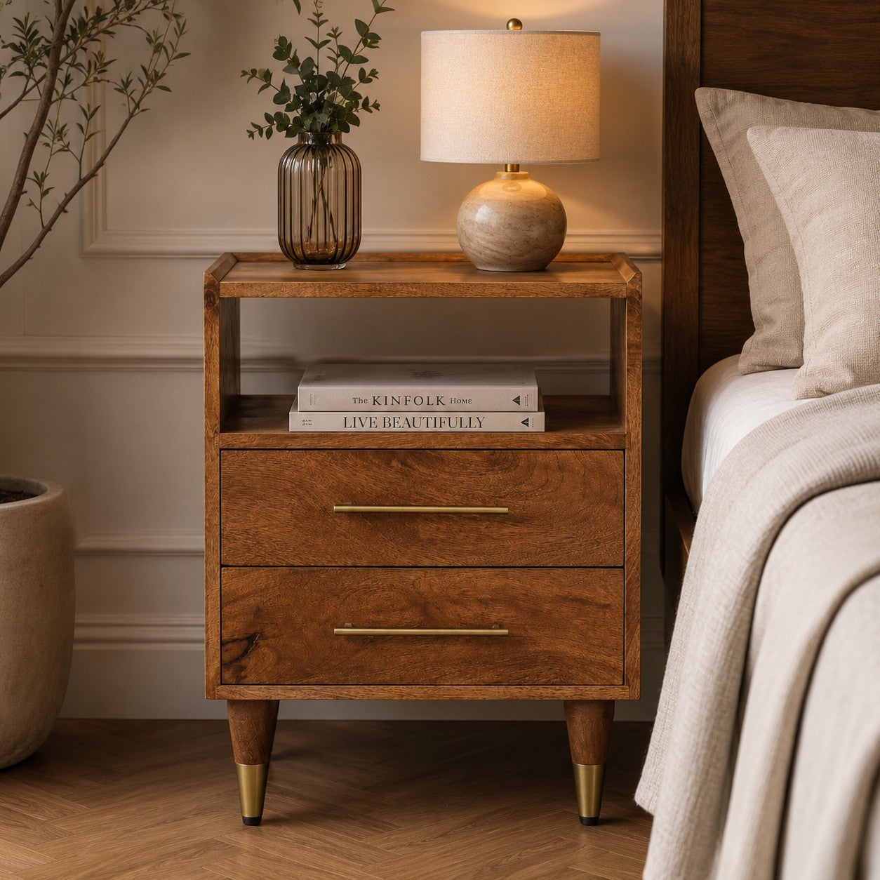 Nightstand with Open Shelf, 2 Drawers, Tapered Legs