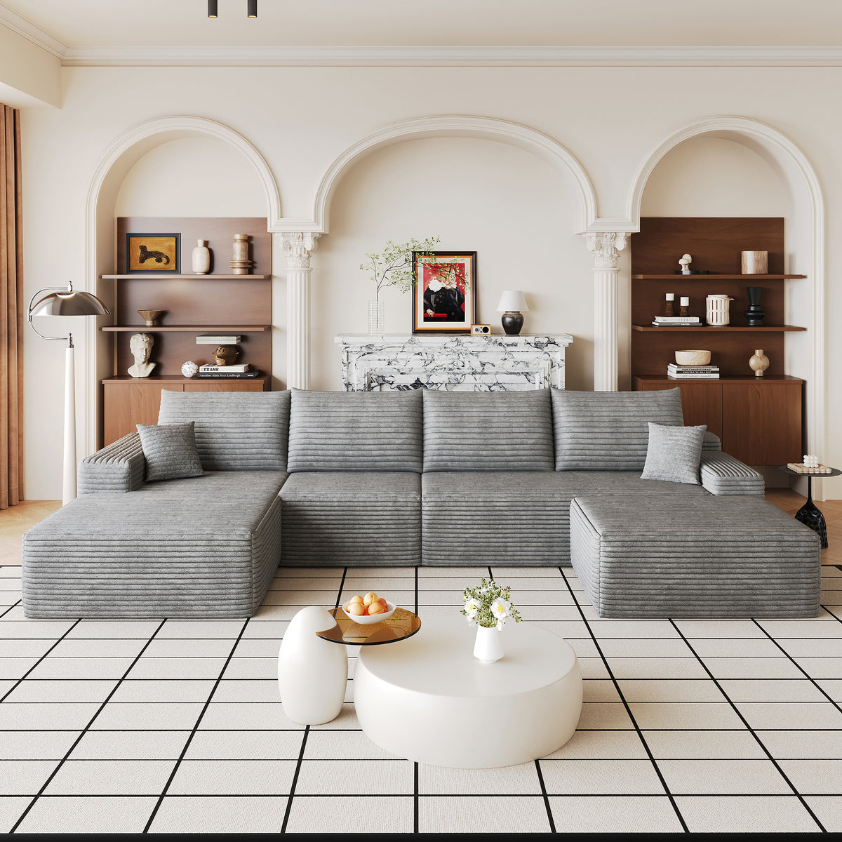 Gray Corduroy U-Shaped Sectional, 135 in Wide, Left-Facing