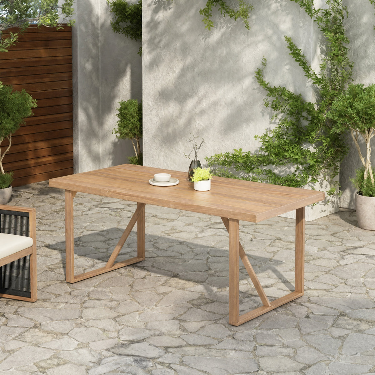 White Solid Wood Outdoor Dining Table, 66.9 in Wide