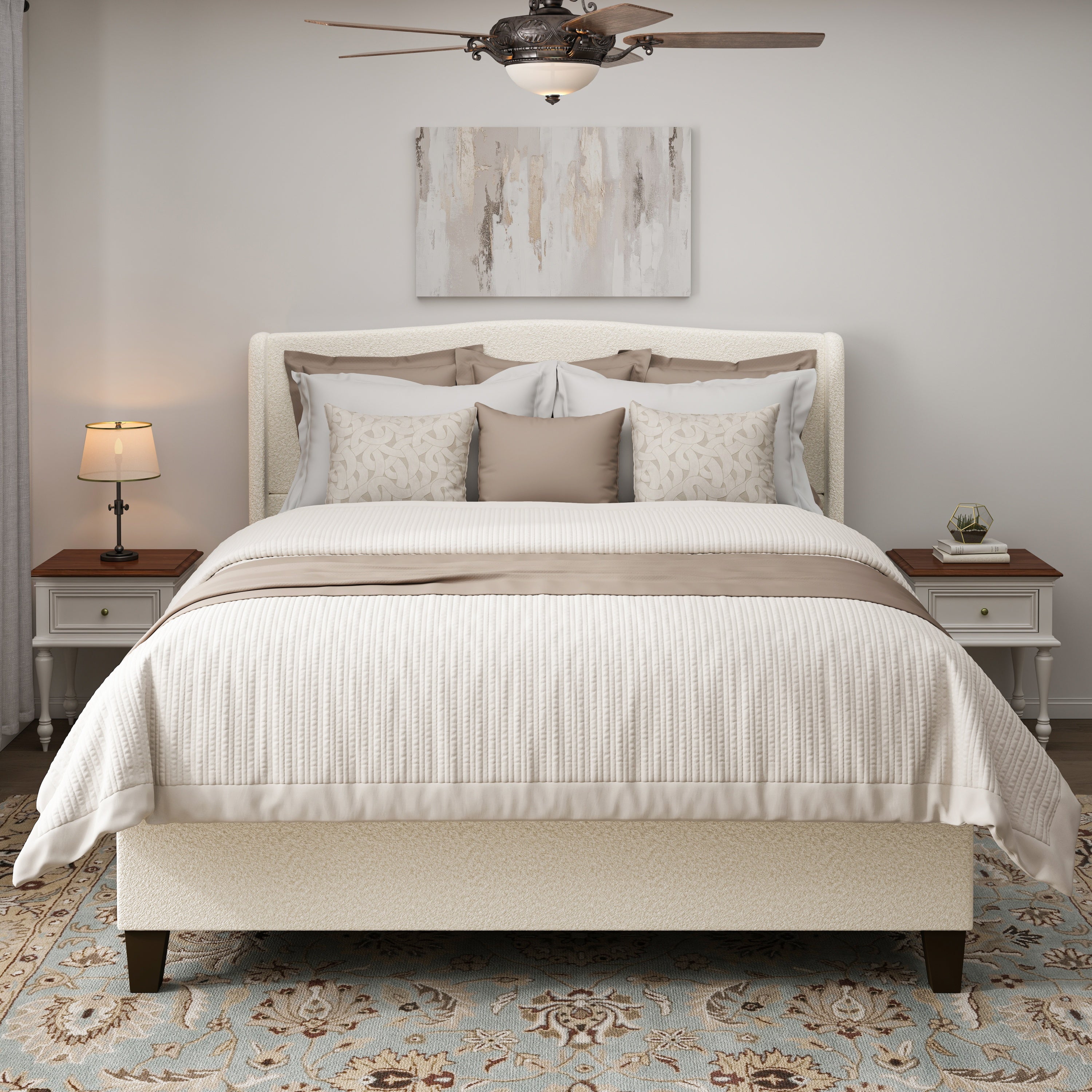 White teddy velvet king bed with camelback headboard styled with pillows