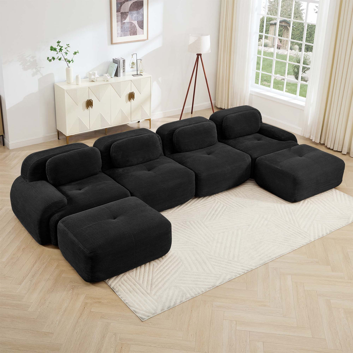 Black Corduroy U-Shaped Modular Sectional Couch, 4-Seat