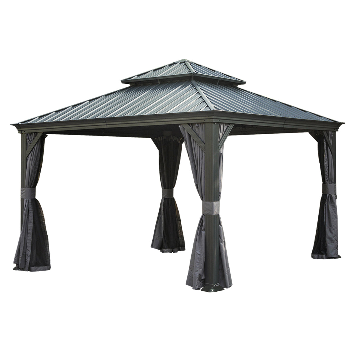 13x13 ft Gray Metal Double Roof Hardtop Gazebo with Netting and Curtains
