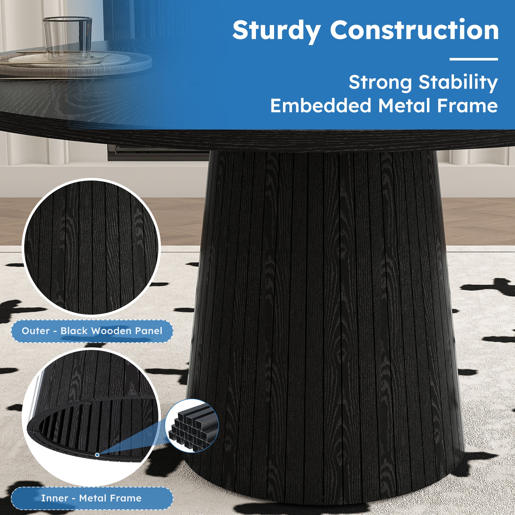 Feature graphic showing sturdy construction with a black outer panel over an inner metal frame