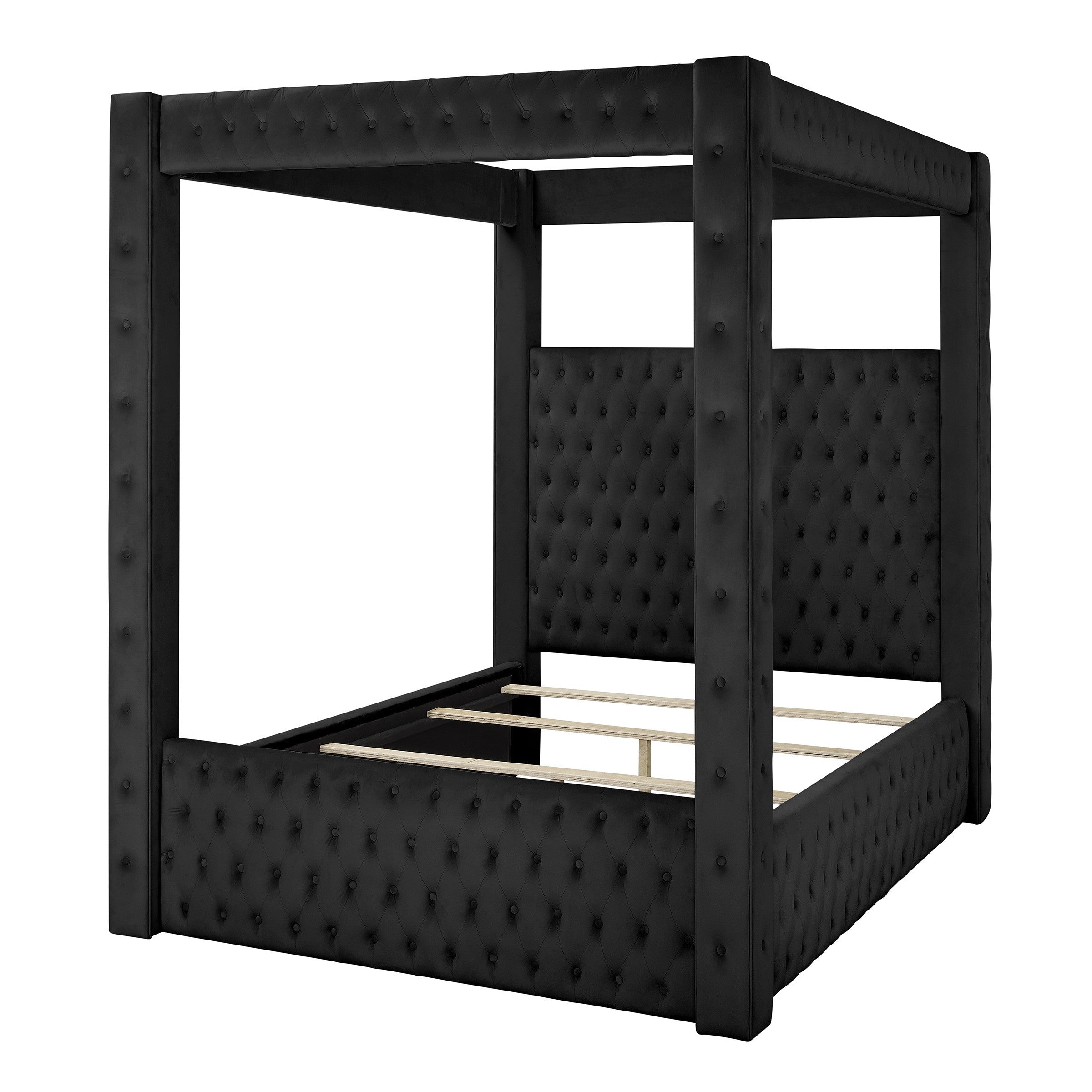 Black Velvet Four-Poster Bed, Tufted Headboard, Solid Wood Frame