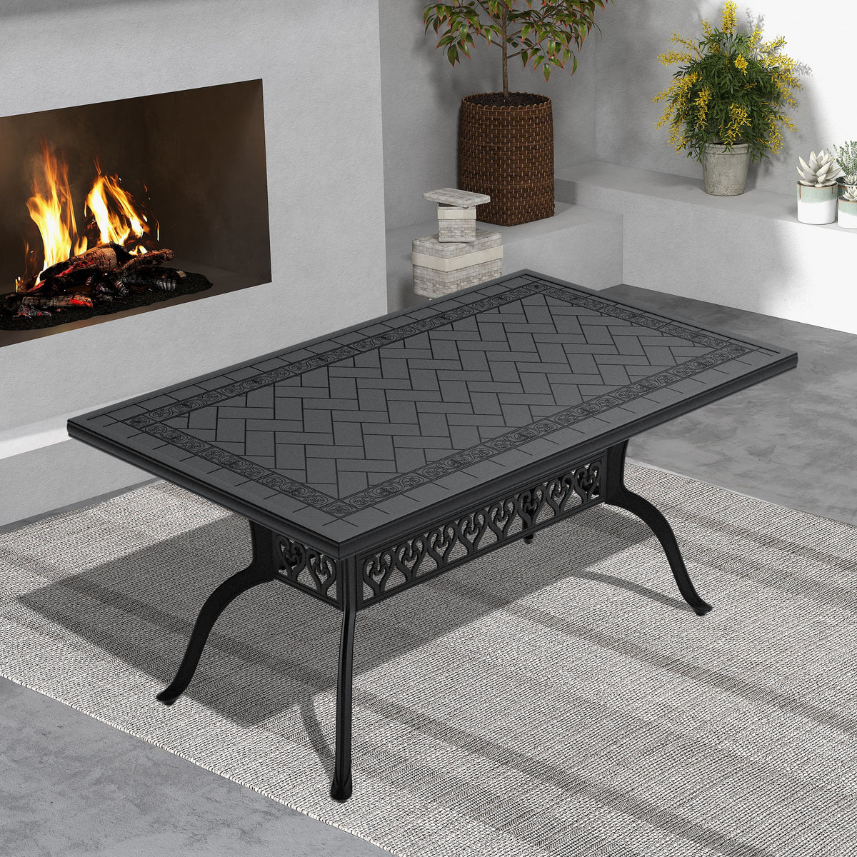Black Aluminum Rectangular Outdoor Dining Table, 59.1 in Wide