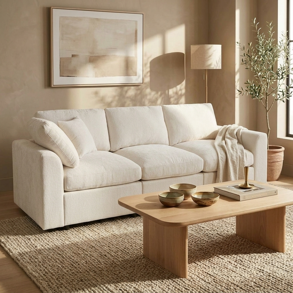 Beige Chenille 3-Seat Couch, Deep Seat, 101.6 in Wide