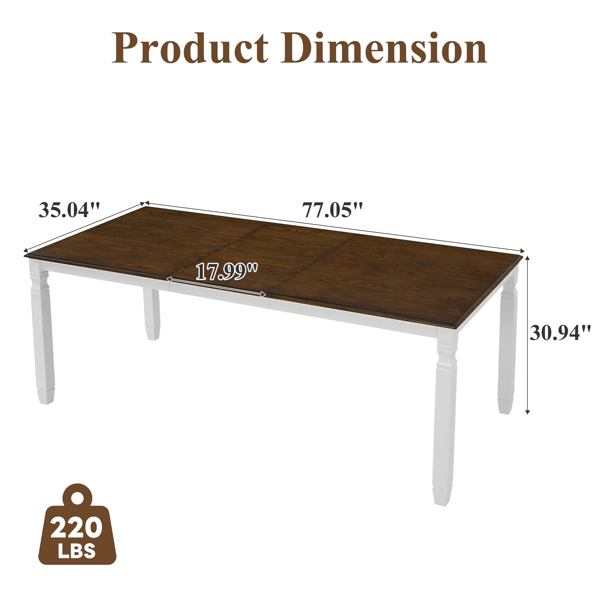 Dimension diagram of the farmhouse dining table, 77.05 in long by 35.04 in wide, 30.94 in high, 220 lb capacity