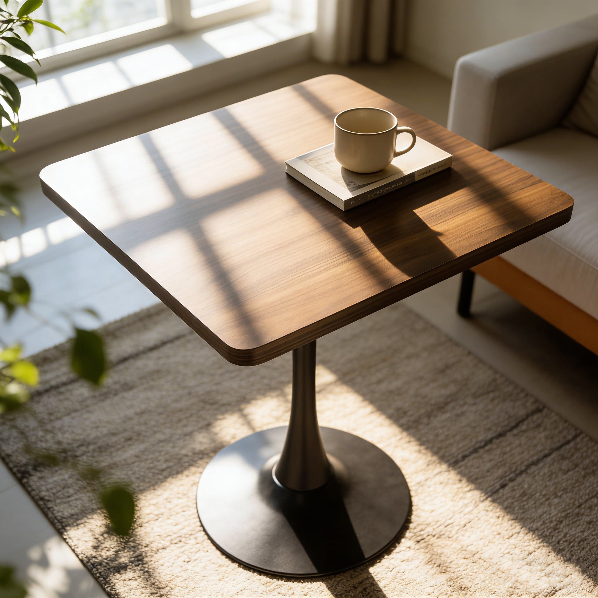 Overhead view of walnut square tulip dining table styled with a cup and book beside a sofa in a sunlit room