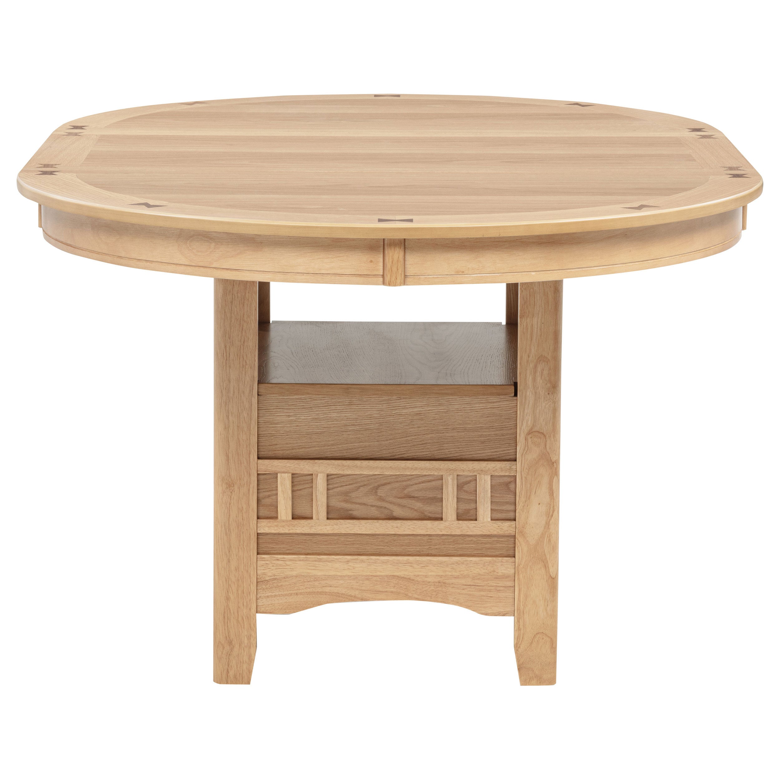 Light oak oval dining table, end-on view on white studio background