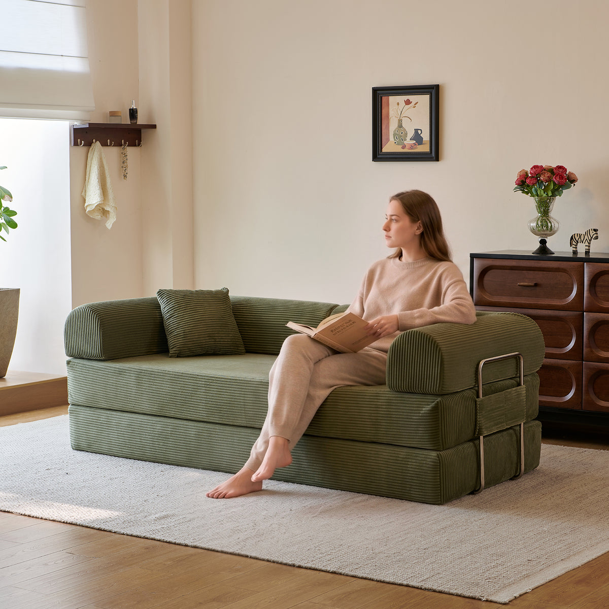 Green Corduroy Modular Sleeper Sectional, 78.8 in Wide, 3-Seat