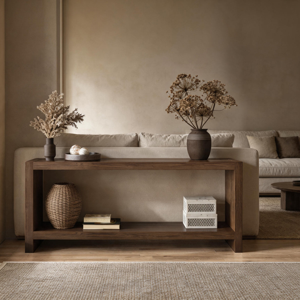 Brown Entryway Console Table with Storage, 63 in Wide, Rustic