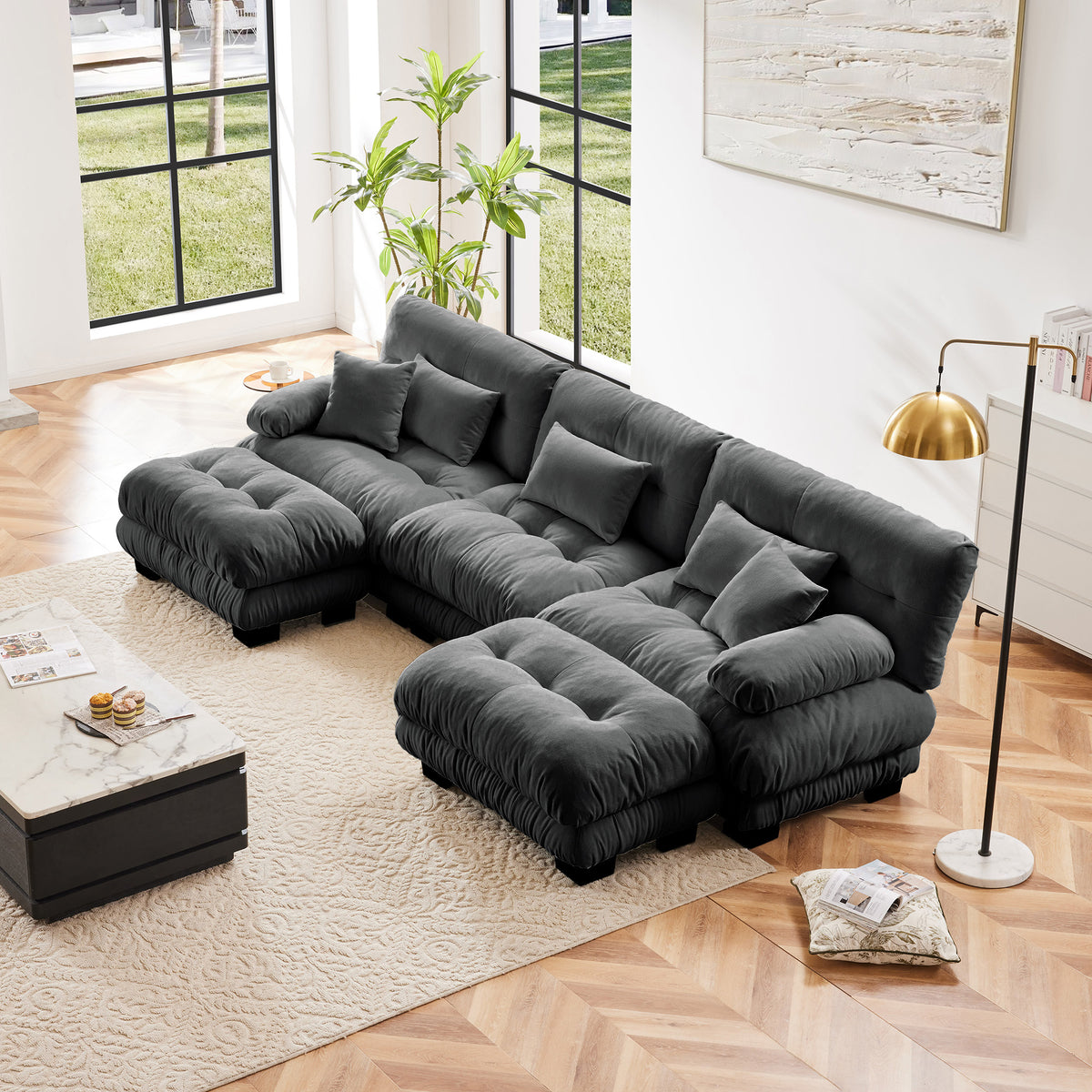 Gray Chenille Modular Sectional Couch with 2 Ottomans