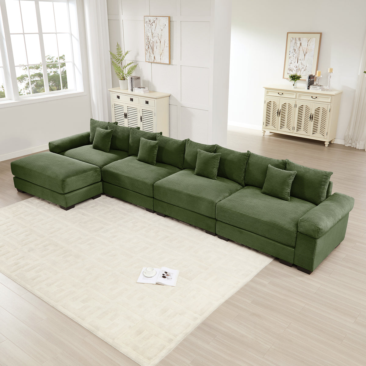 Green Corduroy Modular Sectional with Ottoman, 170 in Wide