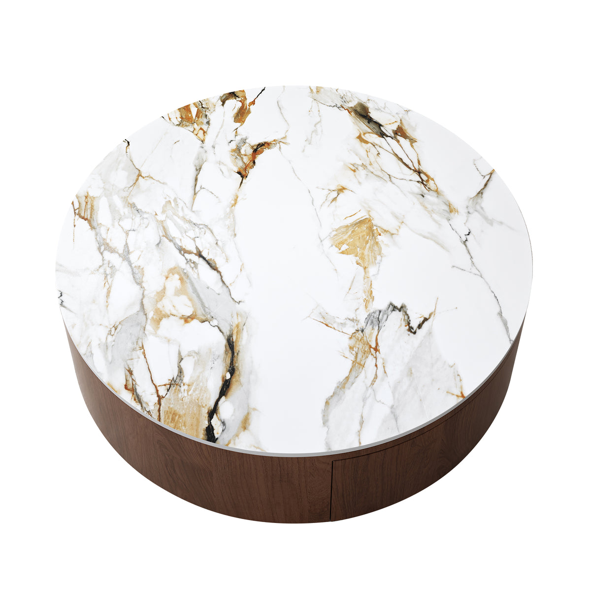 Walnut Sintered Stone Round Coffee Table, 2 Drawers, 35.4 in