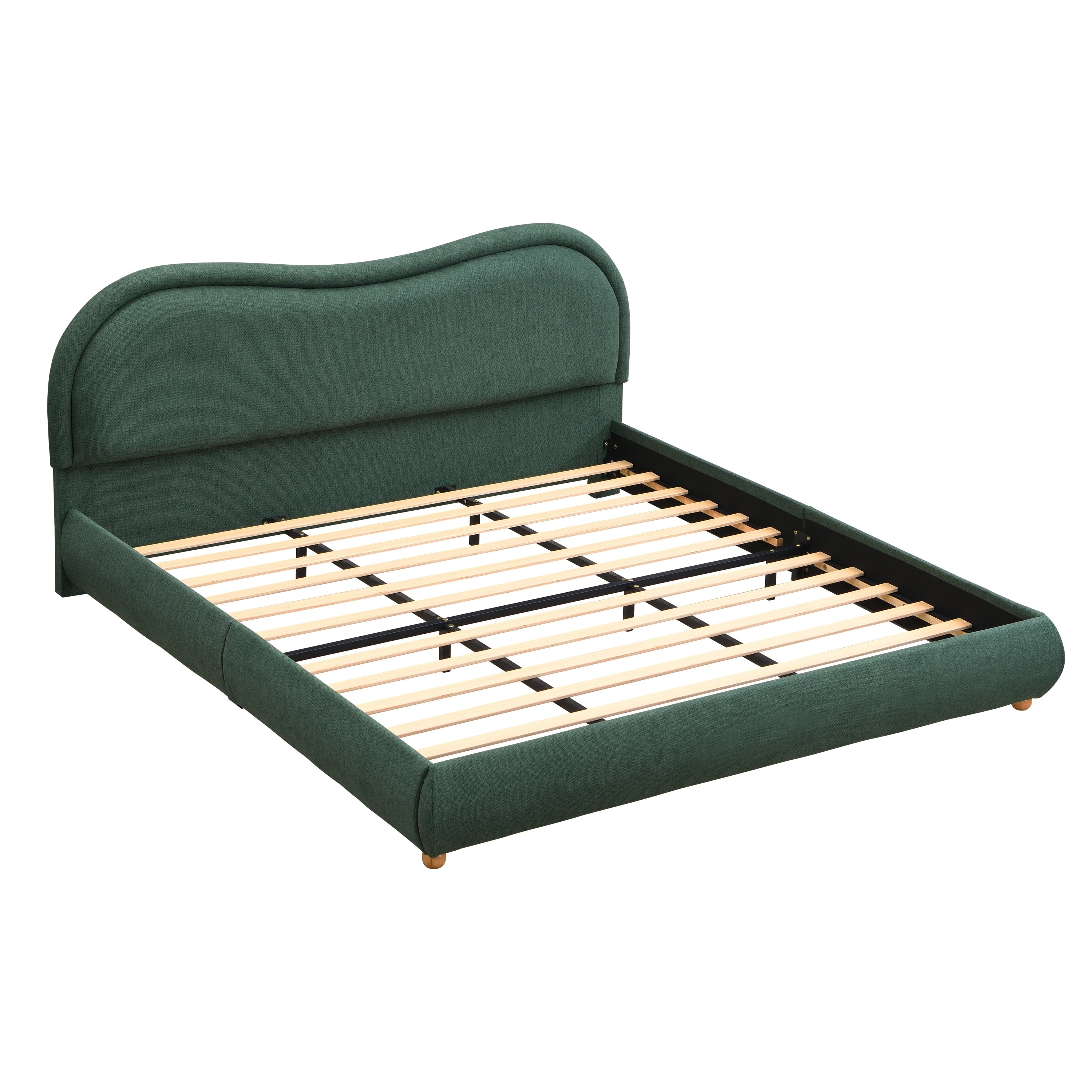 Front view of olive green king bed frame with pillows and headboard