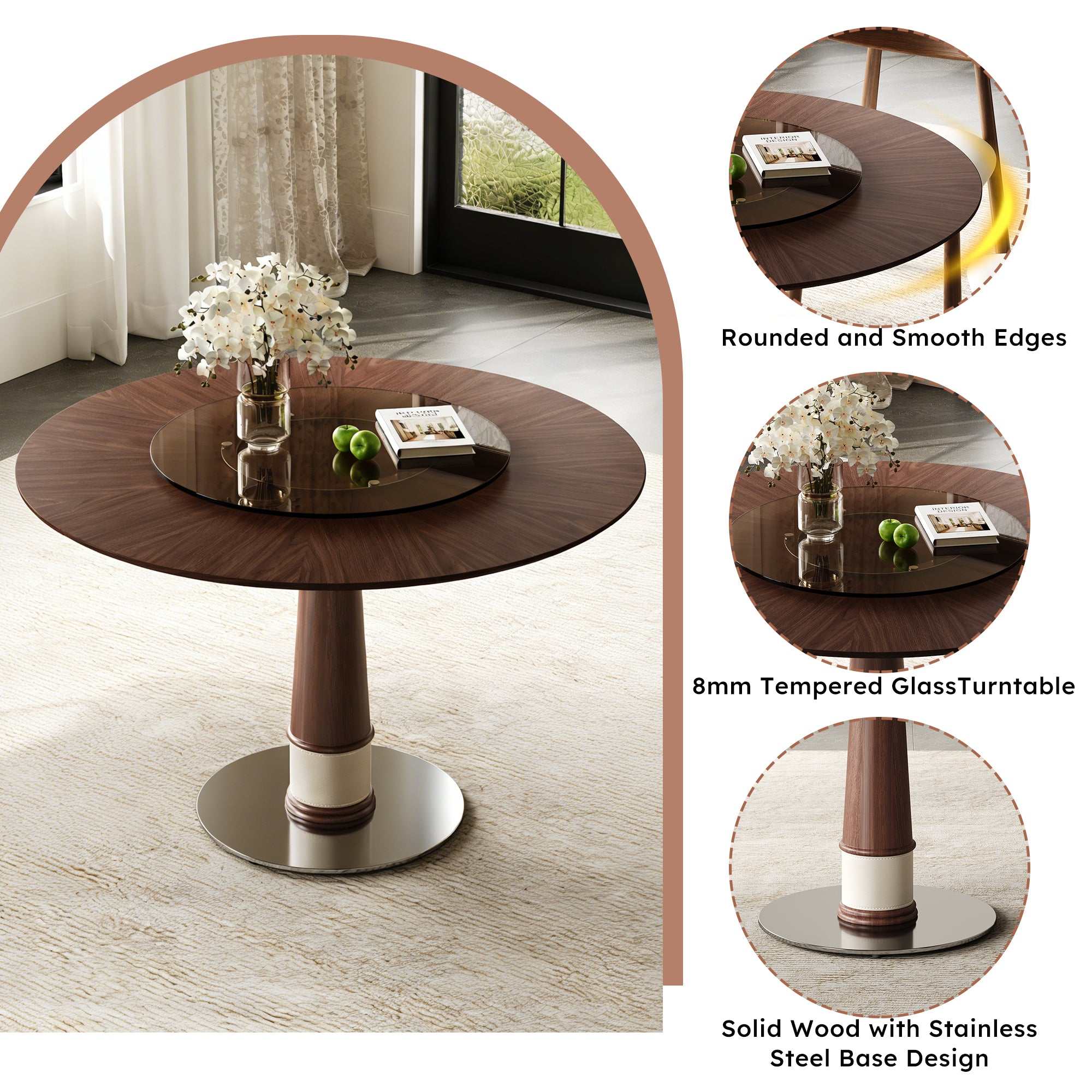 Feature graphic collage of the rounded edges, glass turntable and solid wood stainless steel base