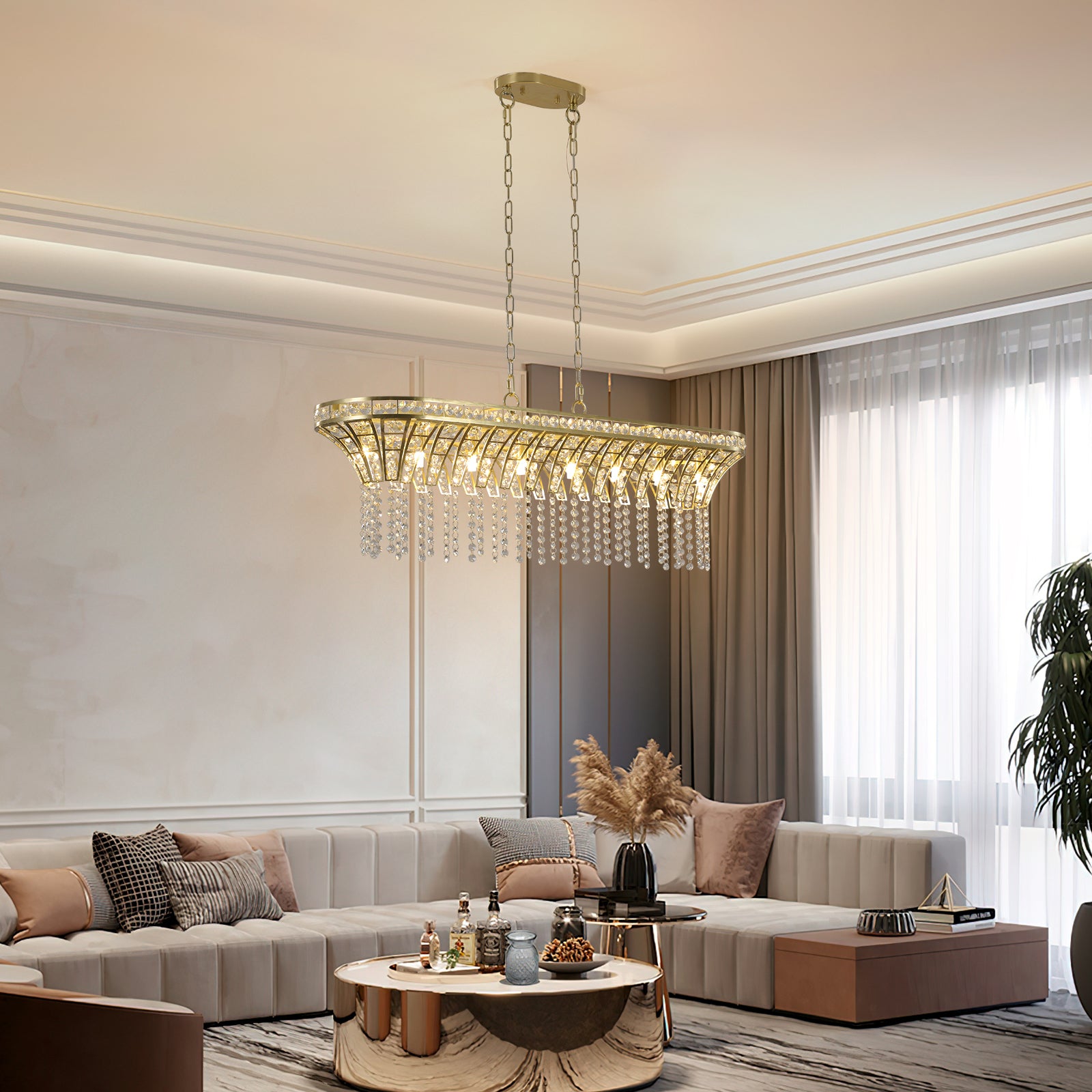 Chandelier, Linear Crystal, 8-Light, Gold