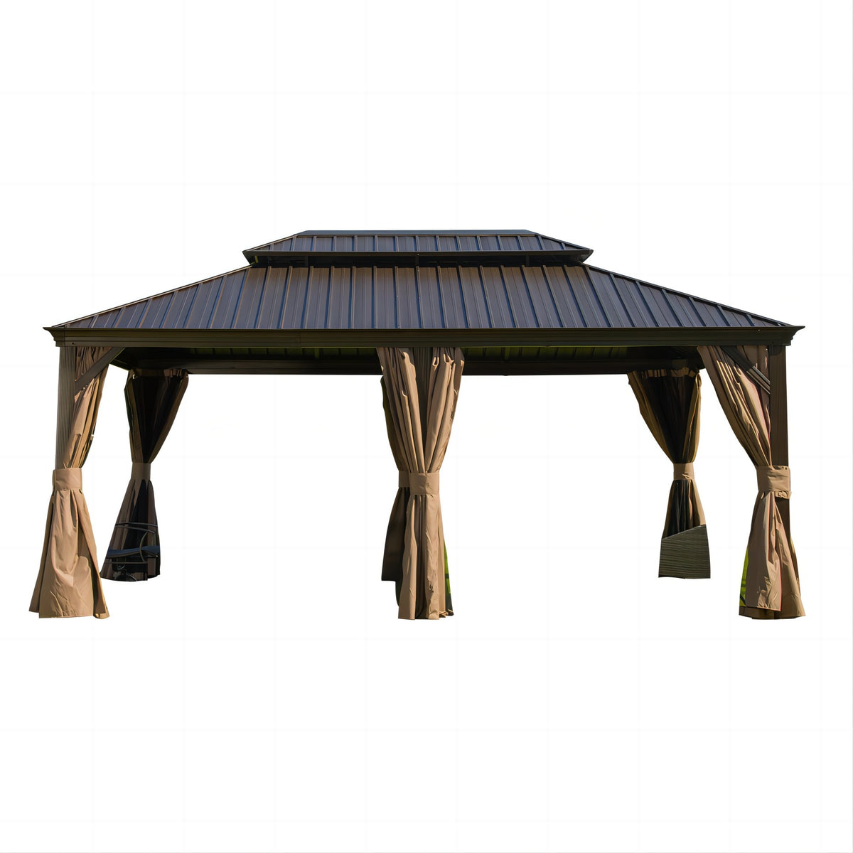 12x18 ft Brown Aluminum Double Roof Hardtop Gazebo with Netting and Curtains