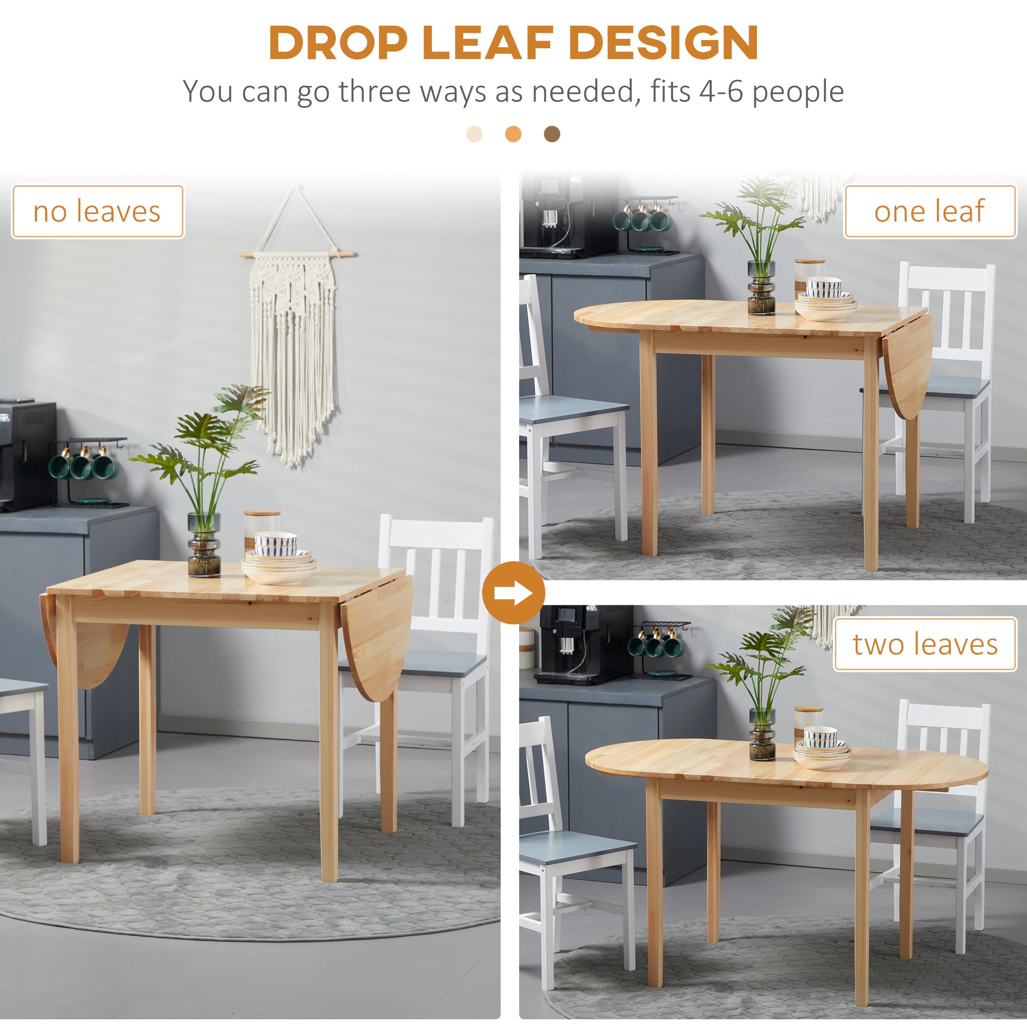 Feature graphic showing the pine drop-leaf table in three setups: no leaves, one leaf, and two leaves, seats 4 to 6