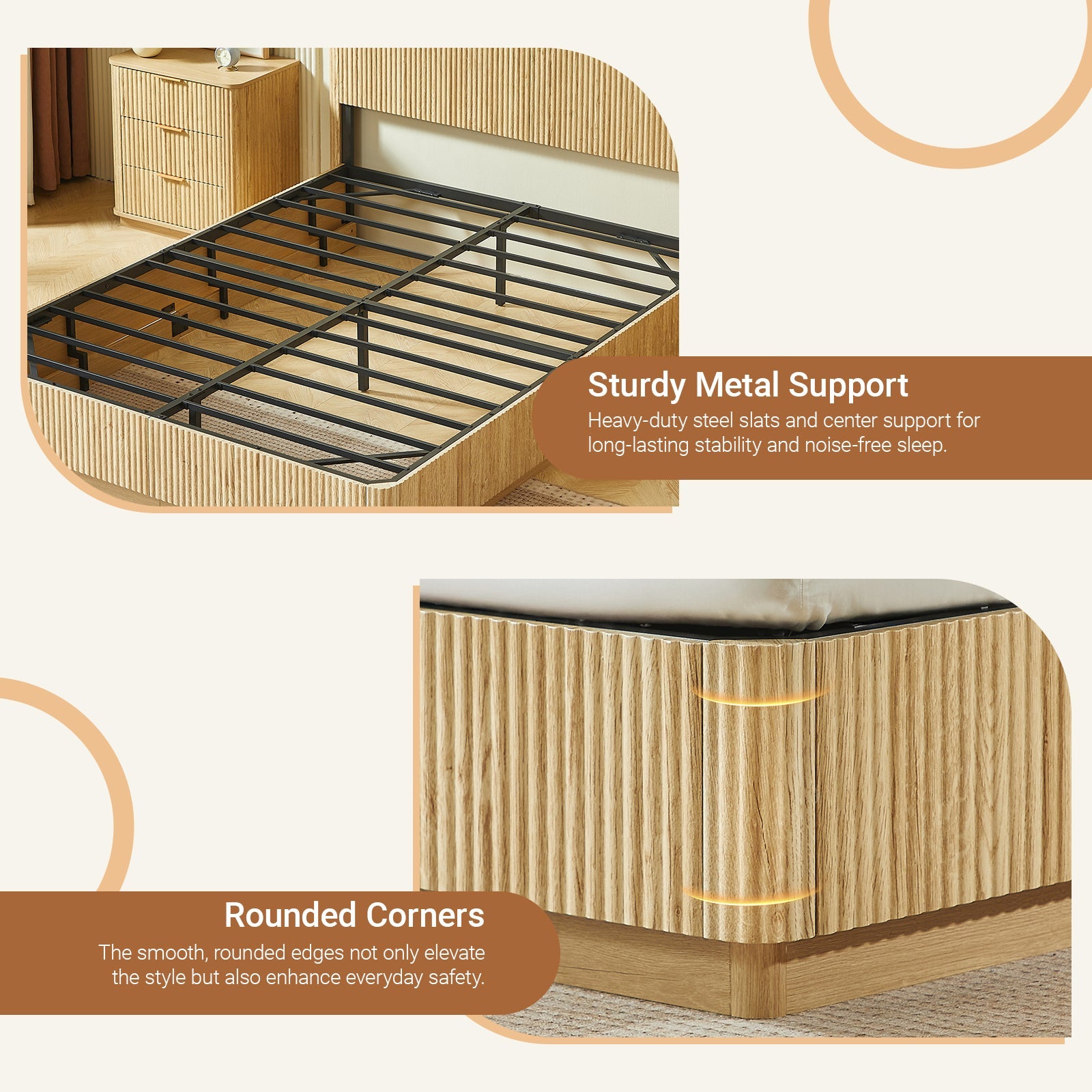 Closeups of the light oak bed's heavy-duty metal slat support and rounded fluted corners #Color_Oak