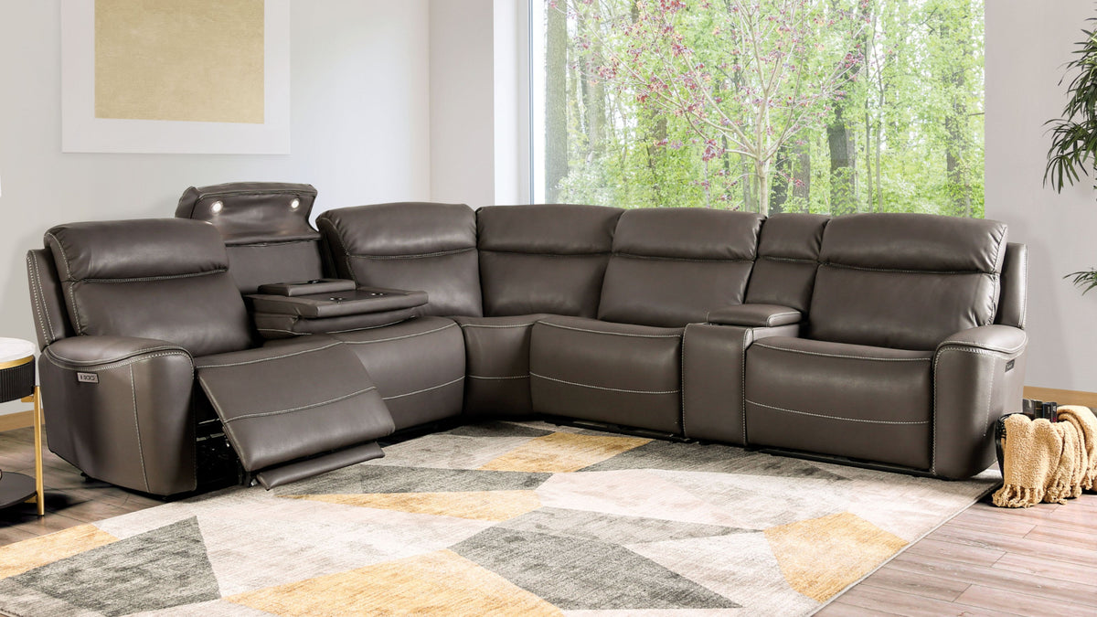 Gray Vegan Leather Power L-Shaped Reclining Sectional, 134 in Wide