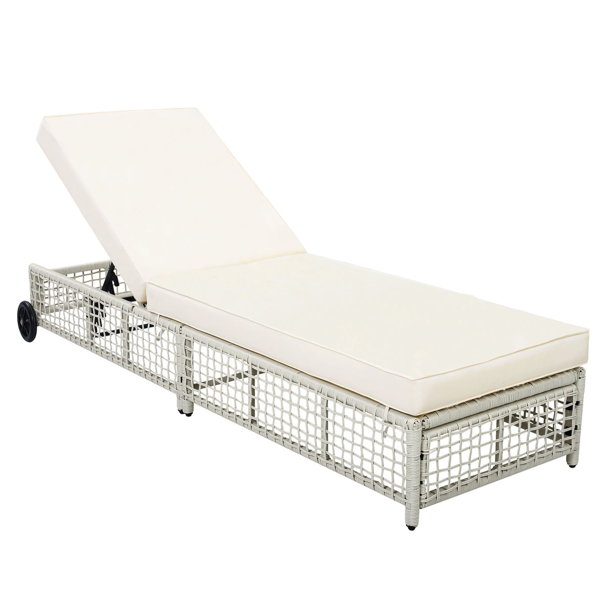 Wicker Adjustable Outdoor Chaise Lounge with Cushions, with Wheels