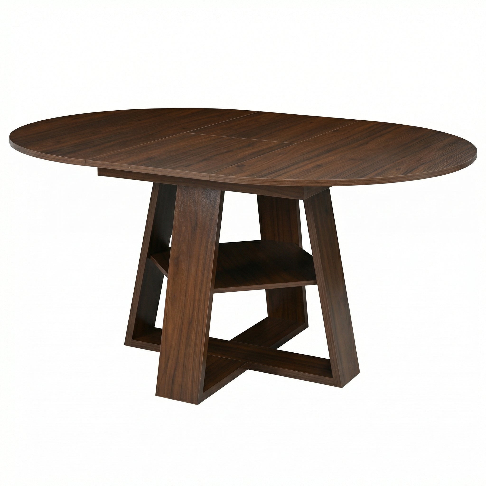Three-quarter studio view of the walnut extended oval dining table