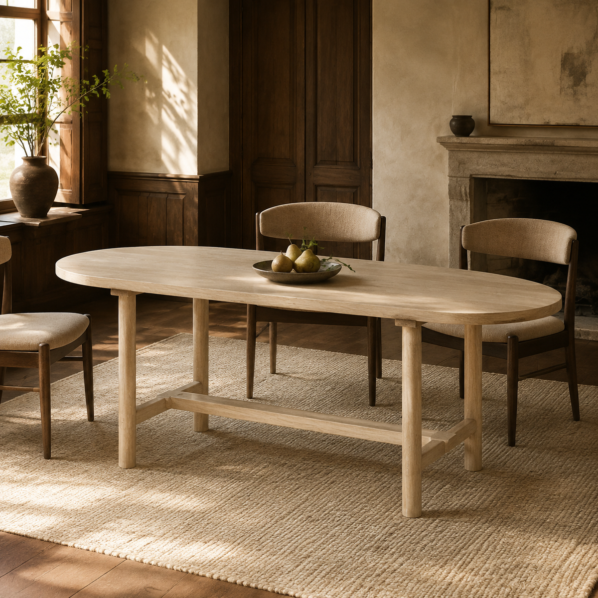 Reclaimed Pine Dining Table, Oval - Natural Cerused Finish