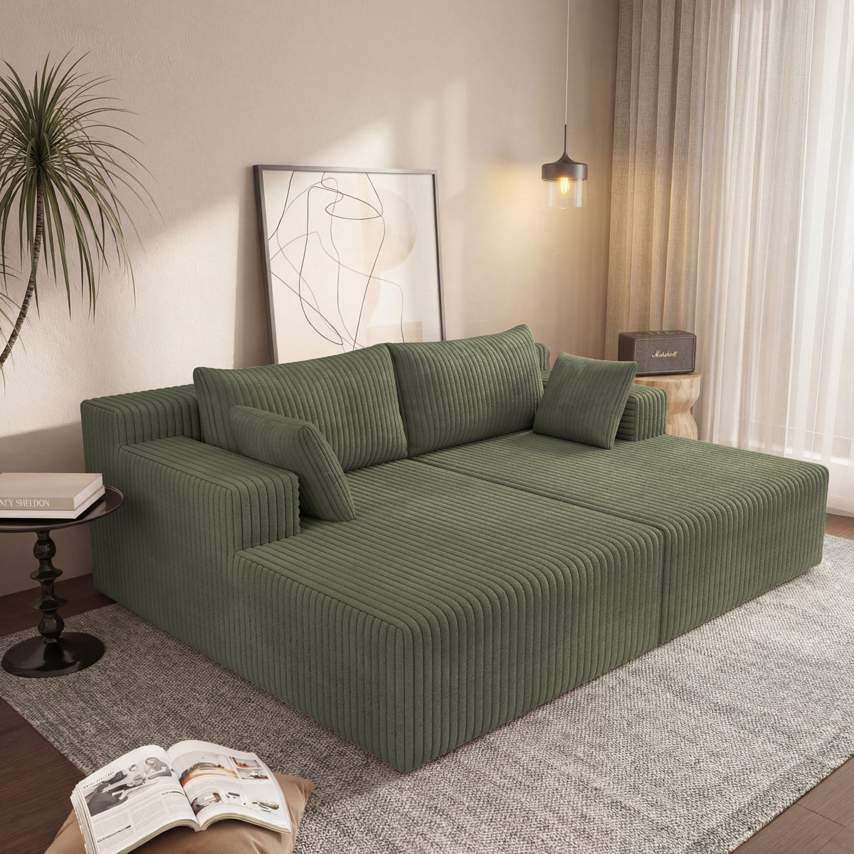 Green Corduroy Modular Sectional Couch with Chaise, 96 in Wide