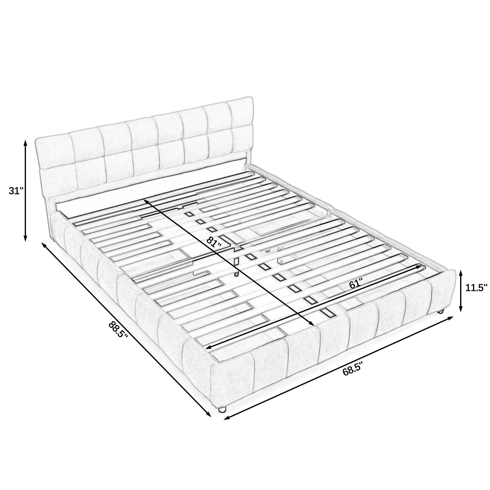 Dimension diagram of the beige chenille queen bed: 88.5 in long, 68.5 in wide, 31 in tall headboard